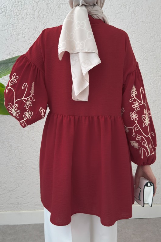 Nakışlı Balon Kol Tunik 2204 - BORDO