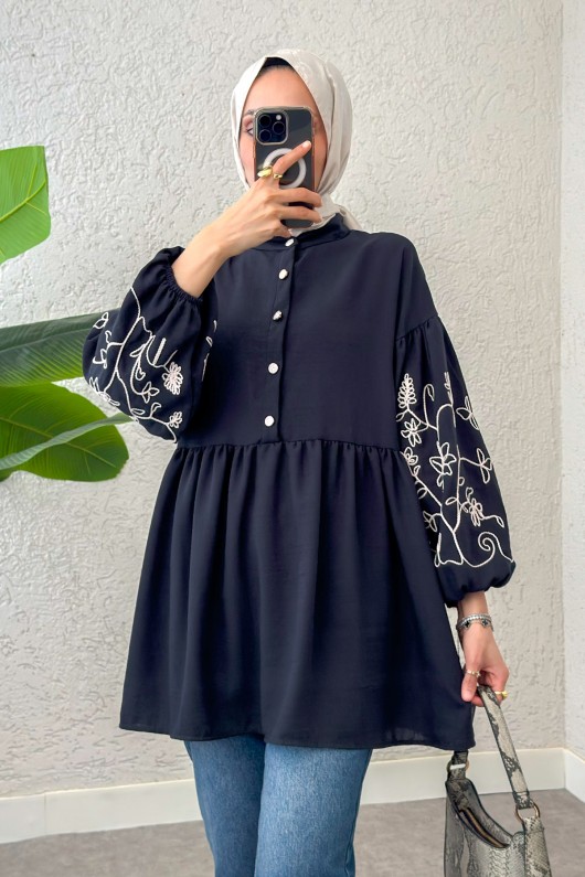 Nakışlı Balon Kol Tunik 2204 - LACİVERT