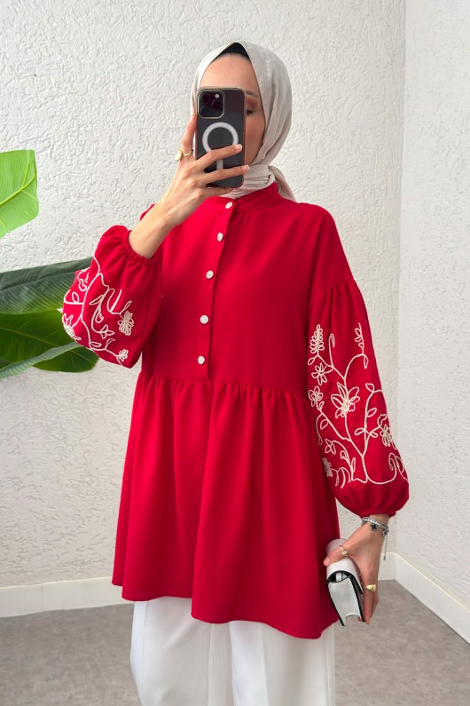 Nakışlı Balon Kol Tunik 2204 - NAR ÇİÇEĞİ