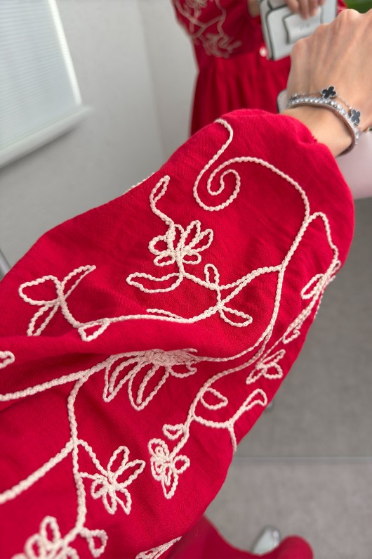 Nakışlı Balon Kol Tunik 2204 - NAR ÇİÇEĞİ