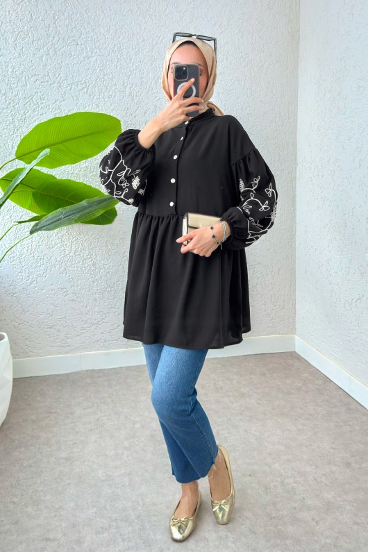 Nakışlı Balon Kol Tunik 2204 - SİYAH