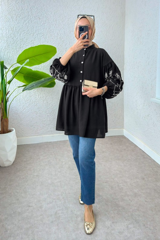 Nakışlı Balon Kol Tunik 2204 - SİYAH