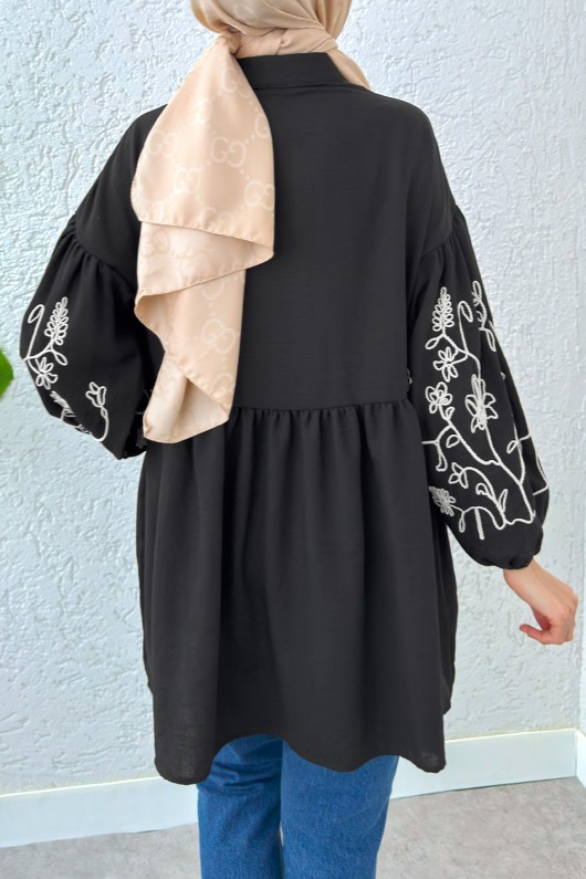 Nakışlı Balon Kol Tunik 2204 - SİYAH