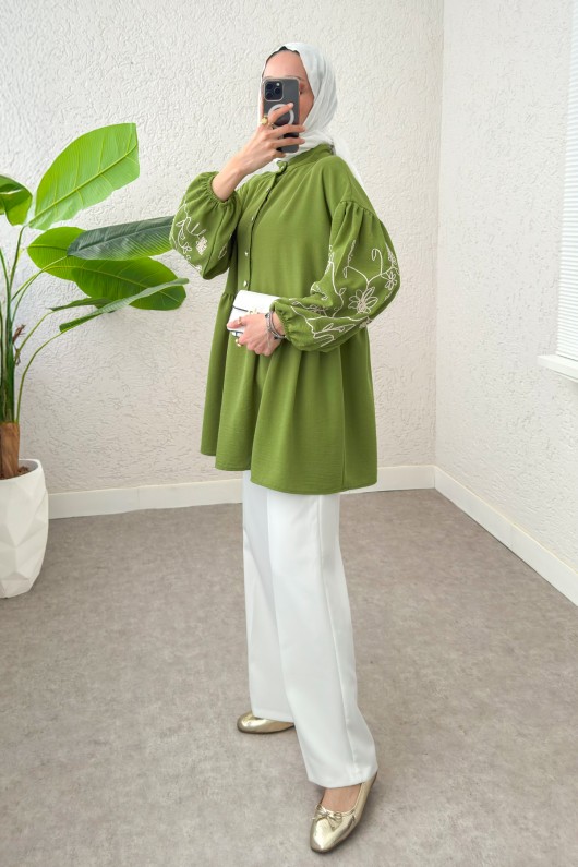 Nakışlı Balon Kol Tunik 2204 - HAKİ Nakışlı Balon Kol Tunik 2204 - HAKİ