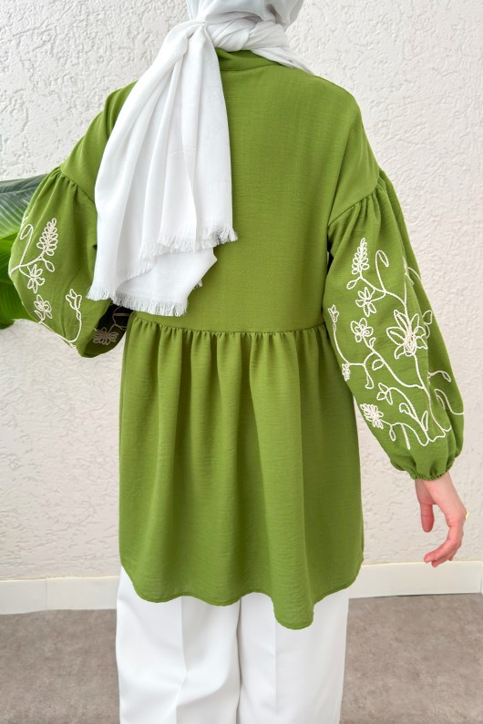 Nakışlı Balon Kol Tunik 2204 - HAKİ Nakışlı Balon Kol Tunik 2204 - HAKİ