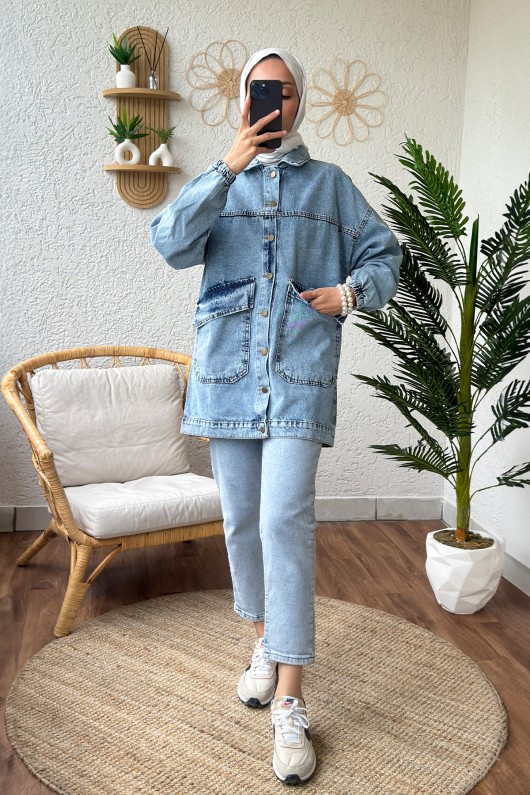 22040 Çapraz Cepli Kot Ceket - MAVİ 22040 Çapraz Cepli Kot Ceket - MAVİ