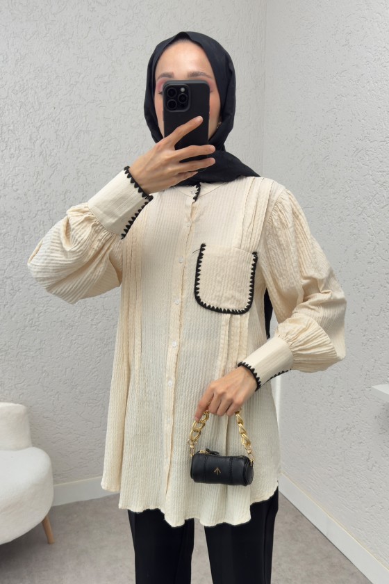 Fisto Detaylı Pliseli Gömlek 2205 - KREM