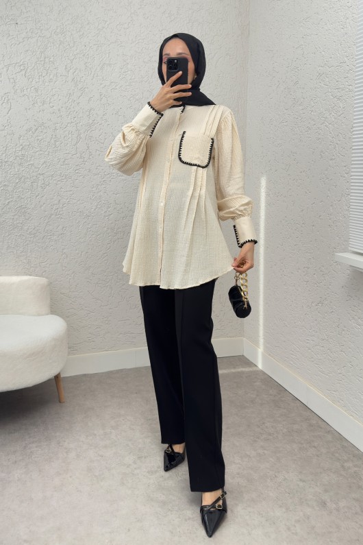 Fisto Detaylı Pliseli Gömlek 2205 - KREM Fisto Detaylı Pliseli Gömlek 2205 - KREM