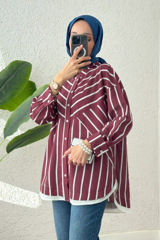 Asimetrik Çizgili Tesettür Gömlek 2206 - BORDO