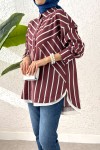 Asimetrik Çizgili Tesettür Gömlek 2206 - BORDO