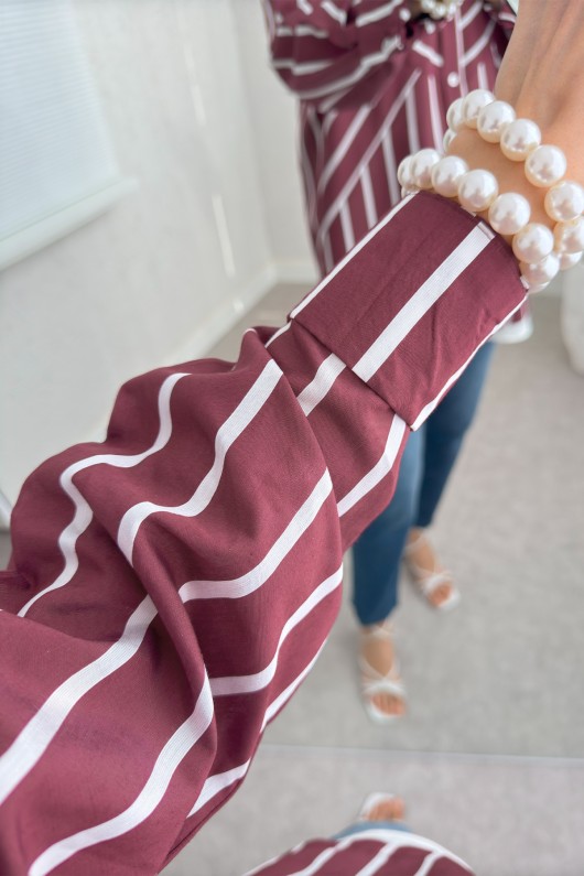 Asimetrik Çizgili Tesettür Gömlek 2206 - BORDO