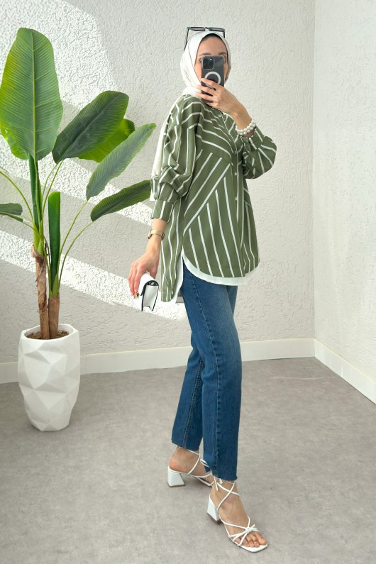 Asimetrik Çizgili Tesettür Gömlek 2206 - HAKİ Asimetrik Çizgili Tesettür Gömlek 2206 - HAKİ