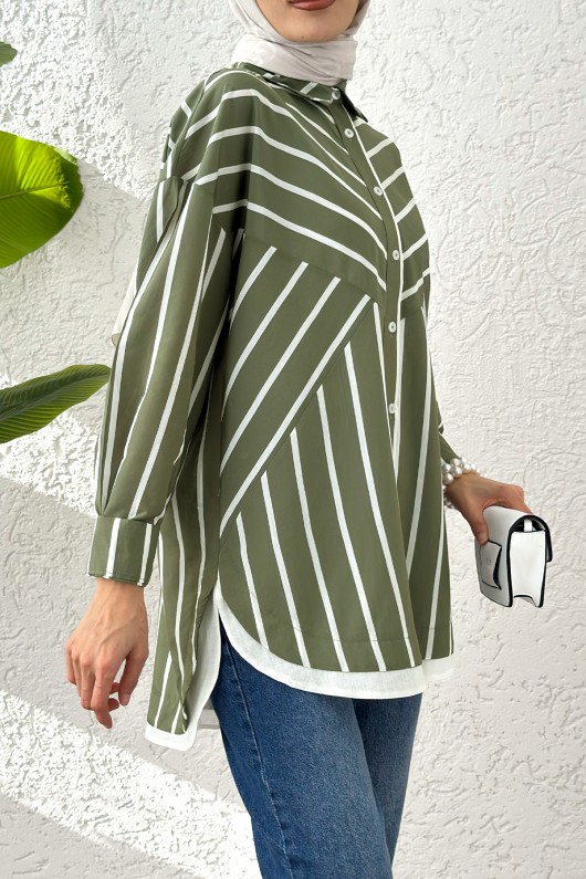 Asimetrik Çizgili Tesettür Gömlek 2206 - HAKİ Asimetrik Çizgili Tesettür Gömlek 2206 - HAKİ