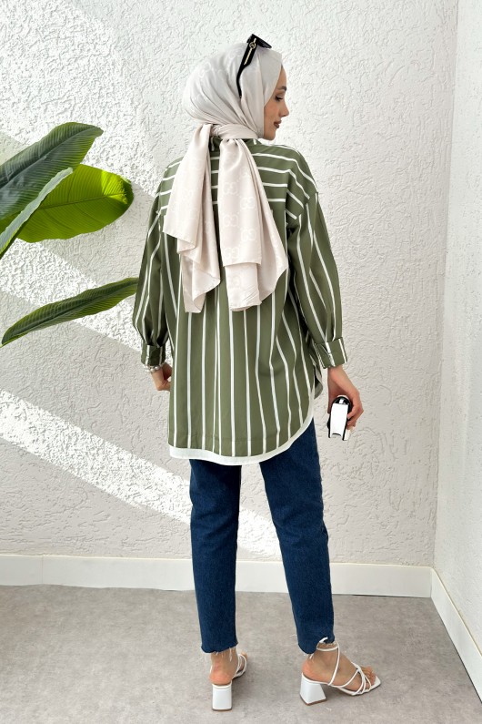 Asimetrik Çizgili Tesettür Gömlek 2206 - HAKİ Asimetrik Çizgili Tesettür Gömlek 2206 - HAKİ