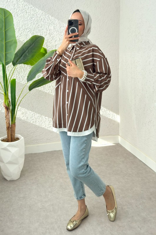 Asimetrik Çizgili Tesettür Gömlek 2206 - KAHVERENGİ