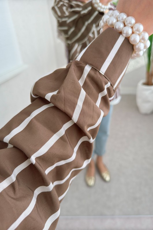 Asimetrik Çizgili Tesettür Gömlek 2206 - KAHVERENGİ