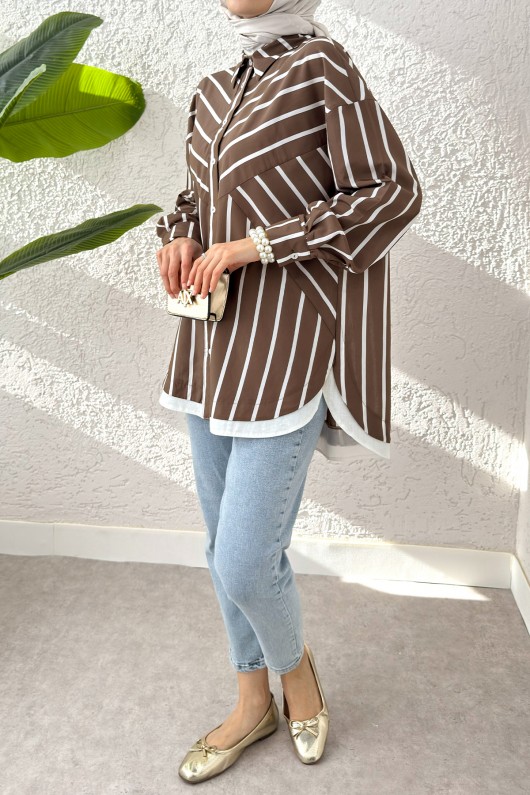 Asimetrik Çizgili Tesettür Gömlek 2206 - KAHVERENGİ