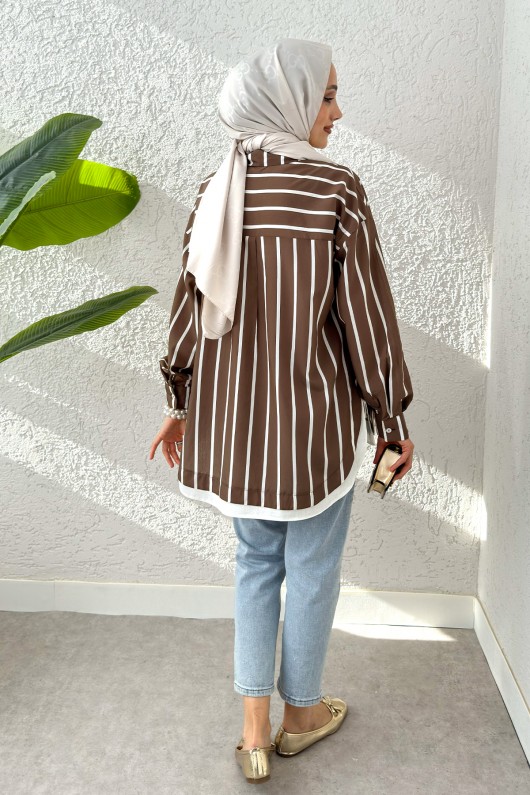 Asimetrik Çizgili Tesettür Gömlek 2206 - KAHVERENGİ