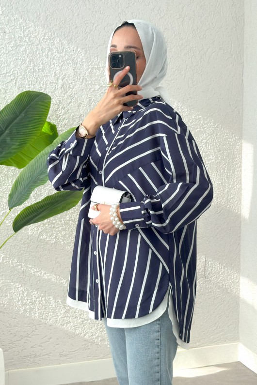 Asimetrik Çizgili Tesettür Gömlek 2206 - LACİVERT