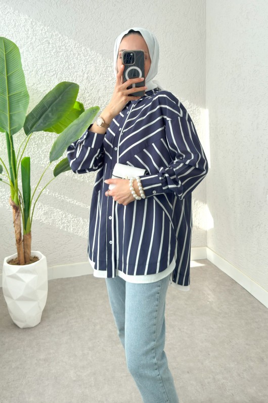 Asimetrik Çizgili Tesettür Gömlek 2206 - LACİVERT