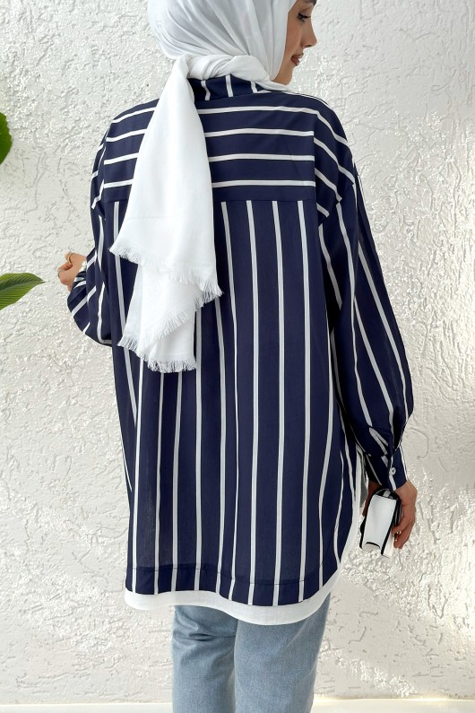 Asimetrik Çizgili Tesettür Gömlek 2206 - LACİVERT