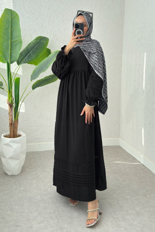 Fisto Detaylı Tesettür Elbise 2207 - SİYAH