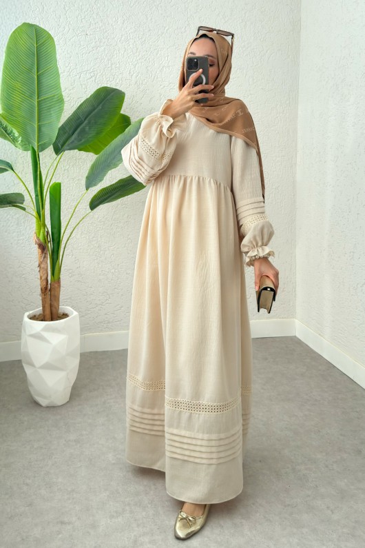 Fisto Detaylı Tesettür Elbise 2207 - TAŞ RENGİ