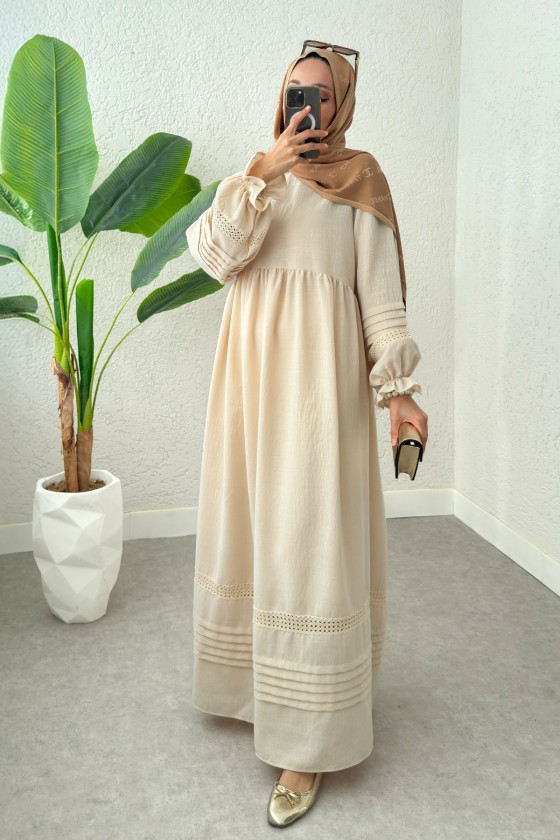 Fisto Detaylı Tesettür Elbise 2207 - TAŞ RENGİ