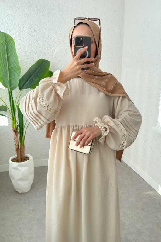 Fisto Detaylı Tesettür Elbise 2207 - TAŞ RENGİ