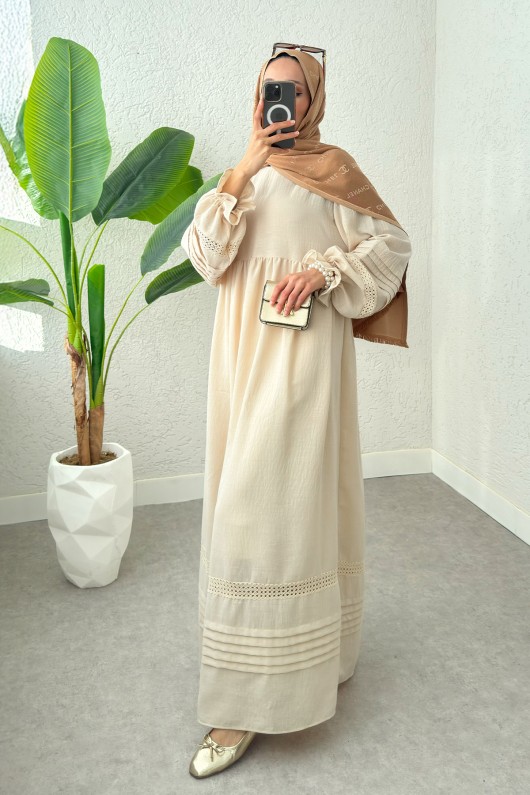 Fisto Detaylı Tesettür Elbise 2207 - TAŞ RENGİ