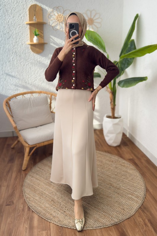 Parçalı Scuba Etek 2209 - TAŞ RENGİ