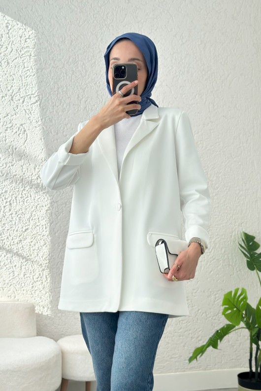 Tek Düğmeli Blazer Ceket 2210 - BEYAZ