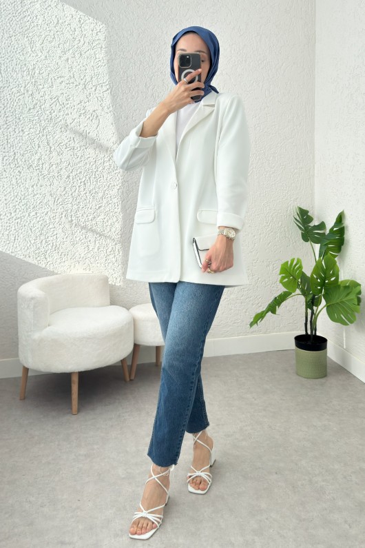 Tek Düğmeli Blazer Ceket 2210 - BEYAZ