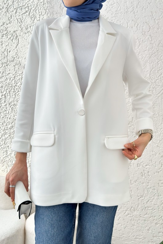 Tek Düğmeli Blazer Ceket 2210 - BEYAZ