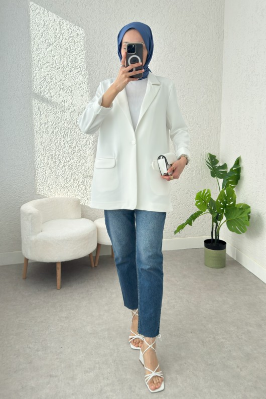 Tek Düğmeli Blazer Ceket 2210 - BEYAZ