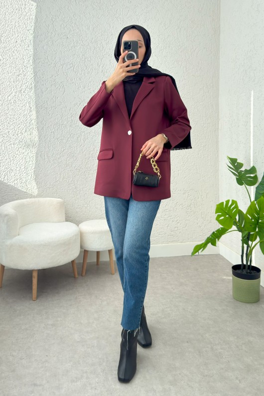 Tek Düğmeli Blazer Ceket 2210 - BORDO