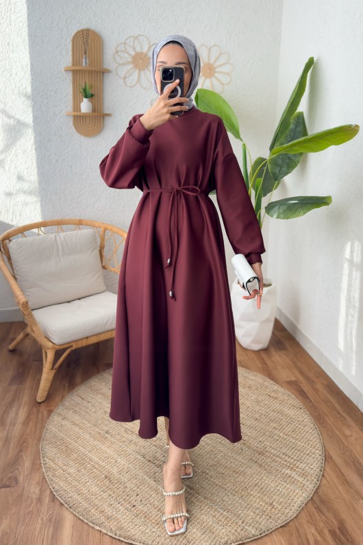 İp Kuşaklı Scuba Elbise 2211 - BORDO