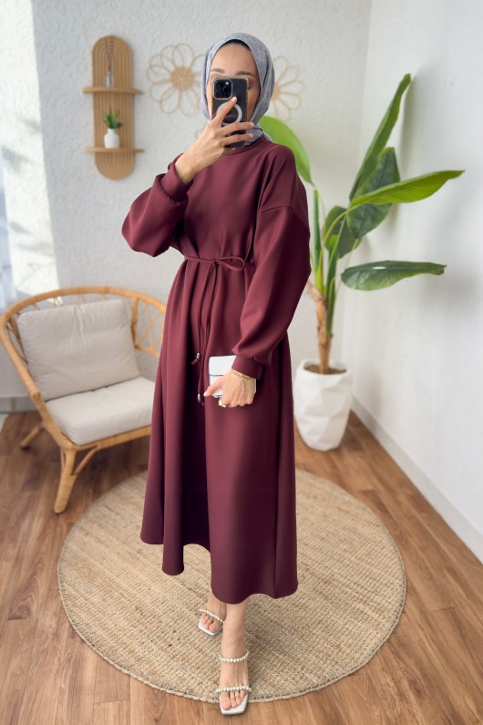 İp Kuşaklı Scuba Elbise 2211 - BORDO