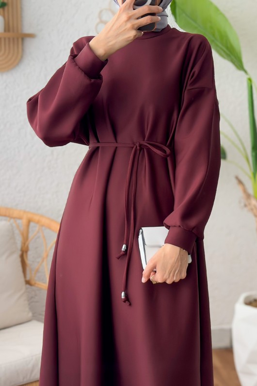 İp Kuşaklı Scuba Elbise 2211 - BORDO