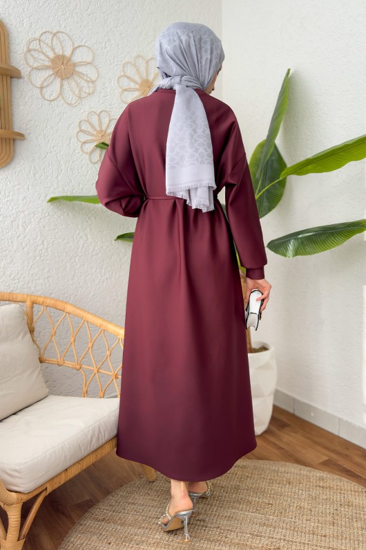 İp Kuşaklı Scuba Elbise 2211 - BORDO