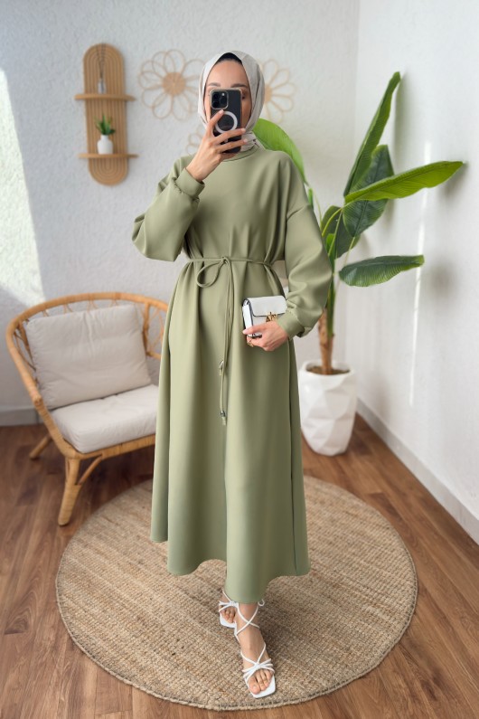 İp Kuşaklı Scuba Elbise 2211 - AÇIK HAKİ