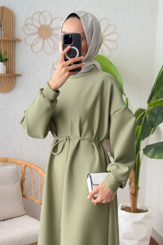 İp Kuşaklı Scuba Elbise 2211 - AÇIK HAKİ