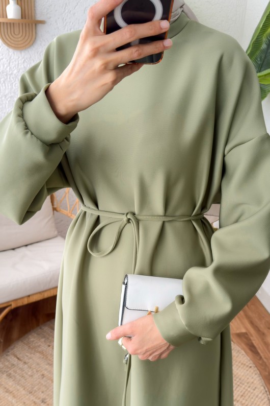 İp Kuşaklı Scuba Elbise 2211 - AÇIK HAKİ