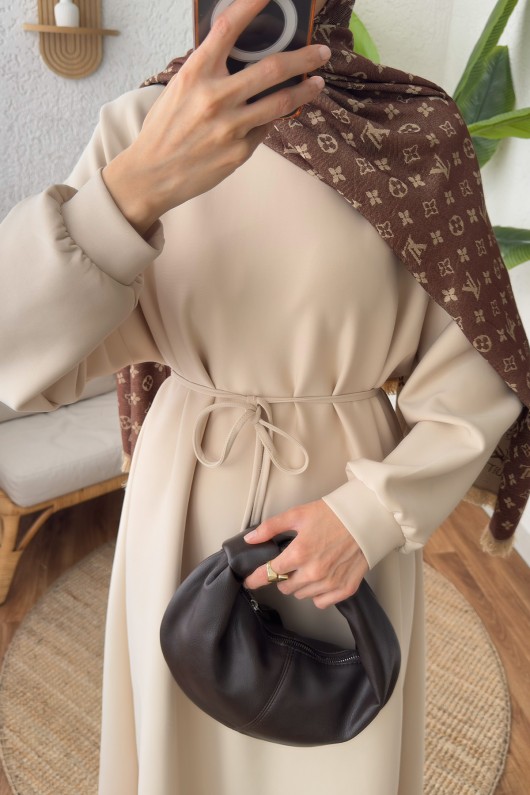 İp Kuşaklı Scuba Elbise 2211 - TAŞ RENGİ İp Kuşaklı Scuba Elbise 2211 - TAŞ RENGİ