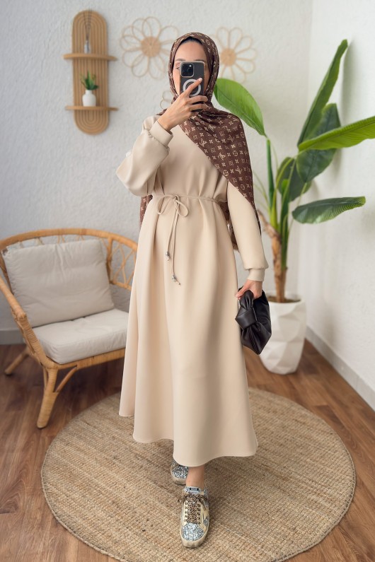 İp Kuşaklı Scuba Elbise 2211 - TAŞ RENGİ İp Kuşaklı Scuba Elbise 2211 - TAŞ RENGİ