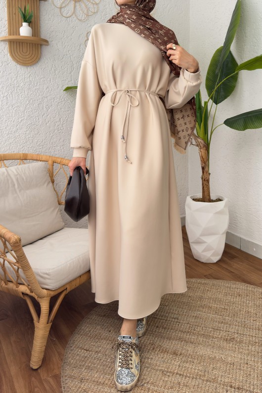 İp Kuşaklı Scuba Elbise 2211 - TAŞ RENGİ İp Kuşaklı Scuba Elbise 2211 - TAŞ RENGİ