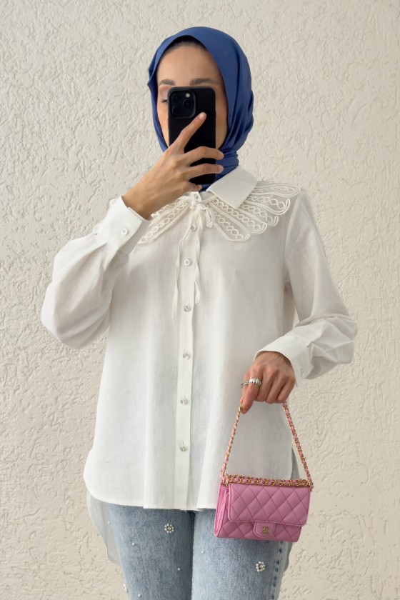 Yakalık Detaylı Gömlek 2214 - BEYAZ