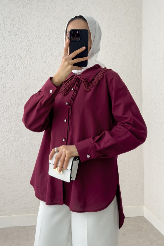 Yakalık Detaylı Gömlek 2214 - BORDO