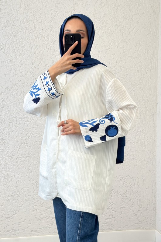 Kolu Nakışlı Kimono 2216 - BEYAZ
