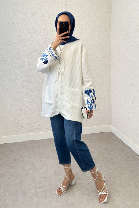 Kolu Nakışlı Kimono 2216 - BEYAZ